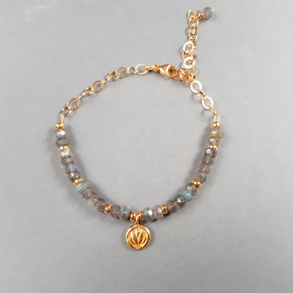 Labrodorite lotus single strand bracelet in gold filled