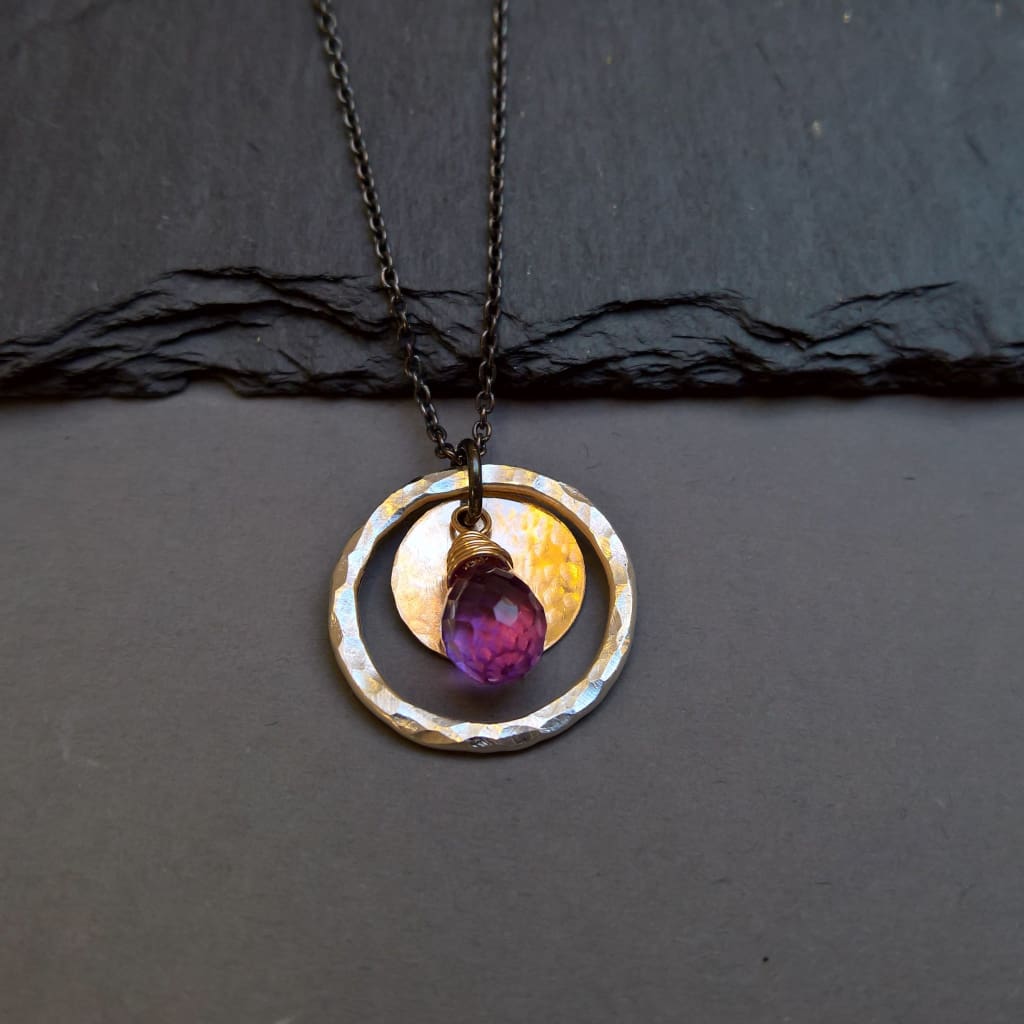 Amethyst Silver circle pendant necklace with oxidized silver chain