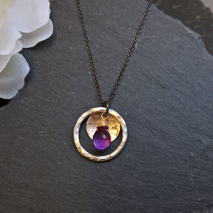 Amethyst Silver circle pendant necklace with oxidized silver chain