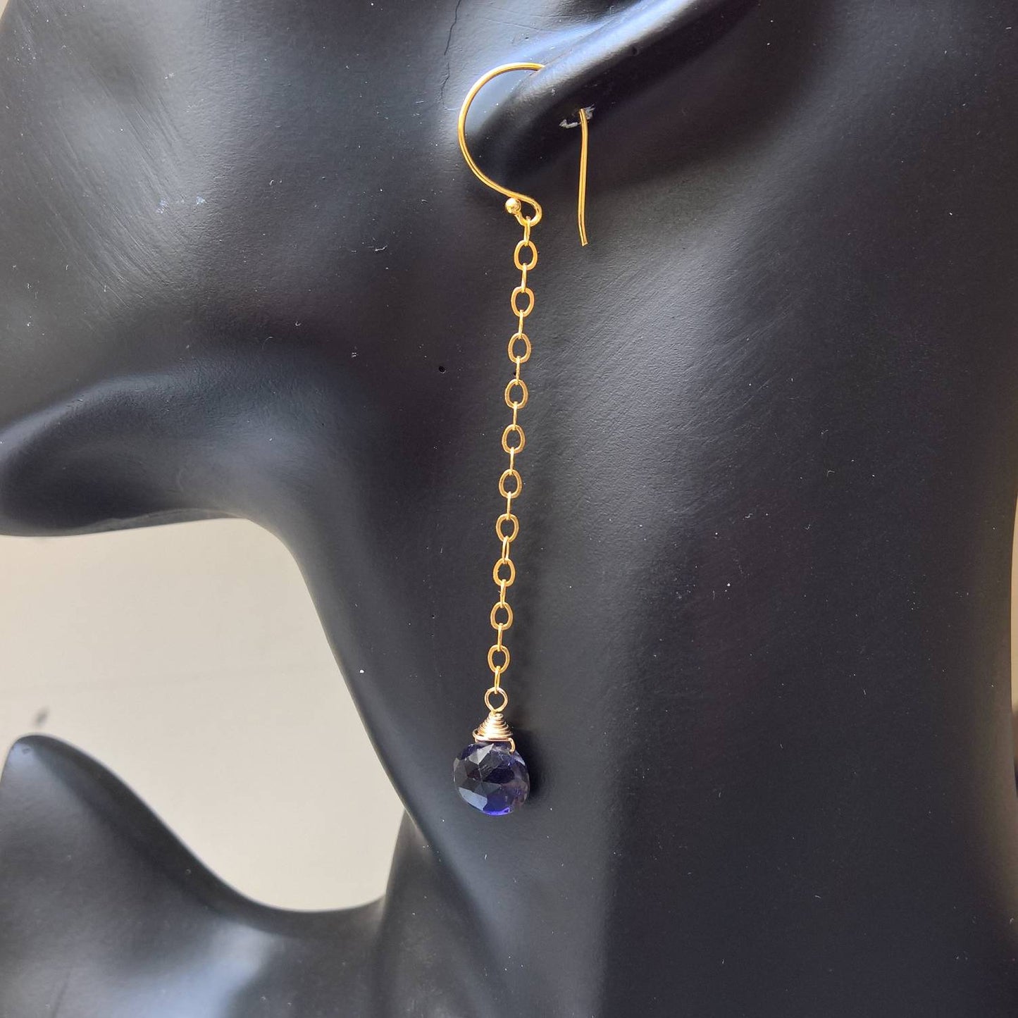 Iolite long dangle earrings in gold fill