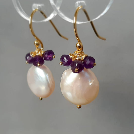 Amethyst pearl drop earrings in gold vermeil silver