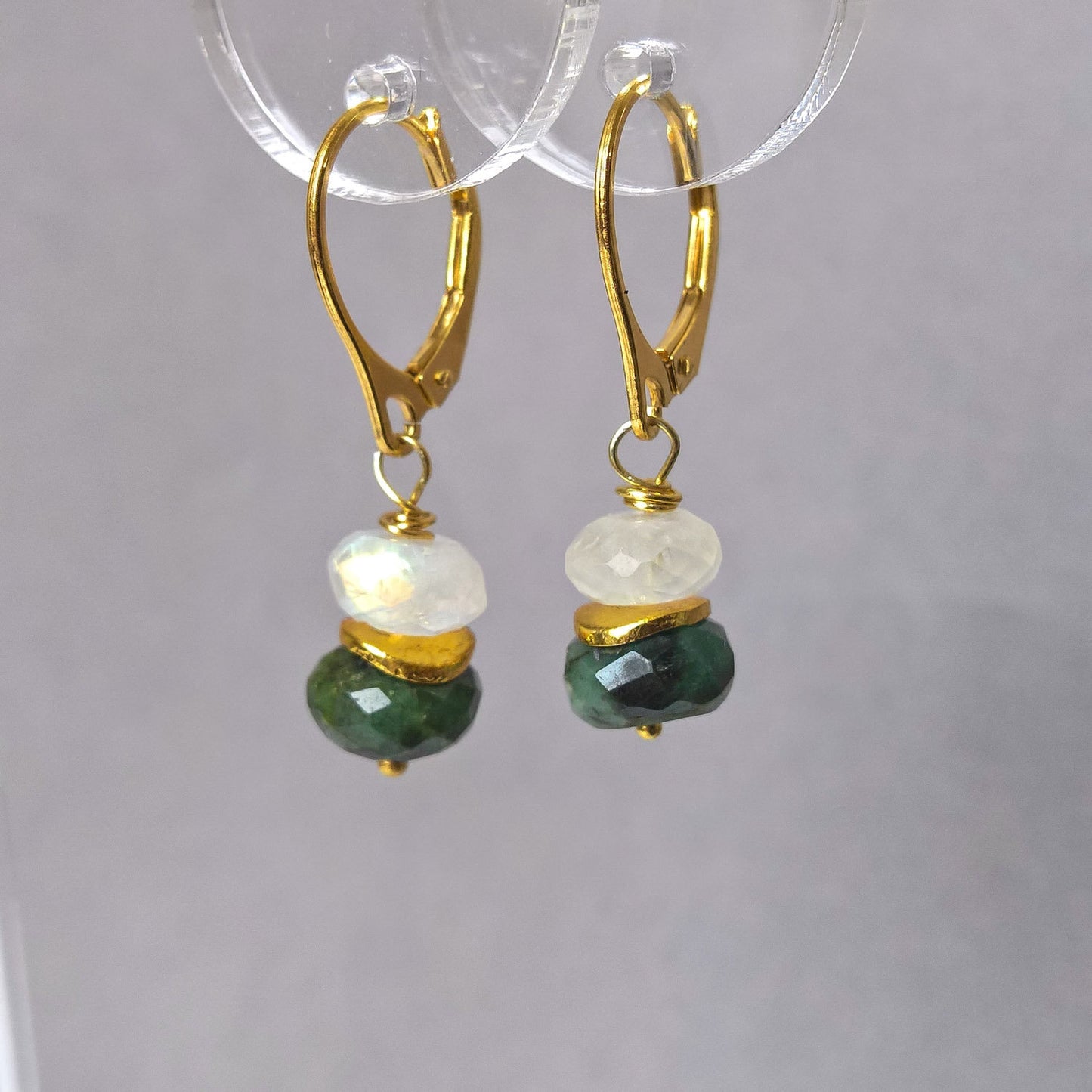 Raw emerald and moonstone drop earrings in gold vermeil silver
