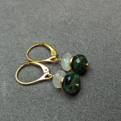 Raw emerald and moonstone drop earrings in gold vermeil silver