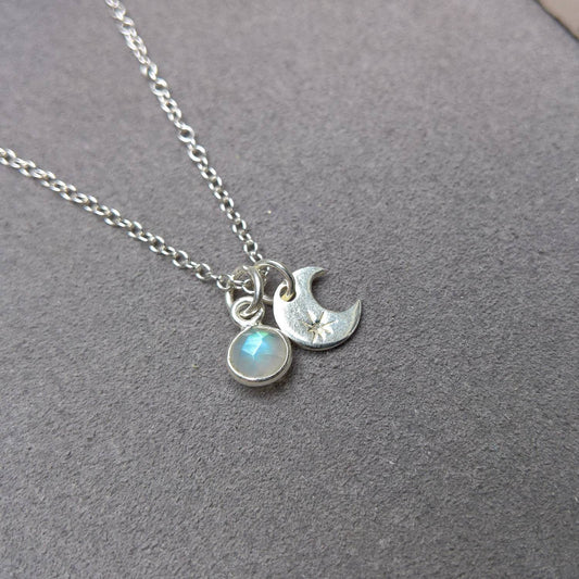 Silver moon and rainbow moonstone necklace