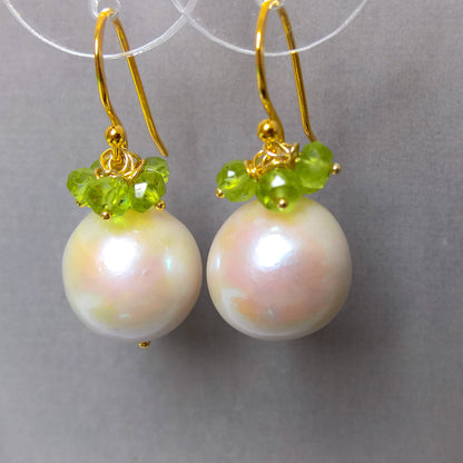 Pearl and peridot gemstone cluster earrings