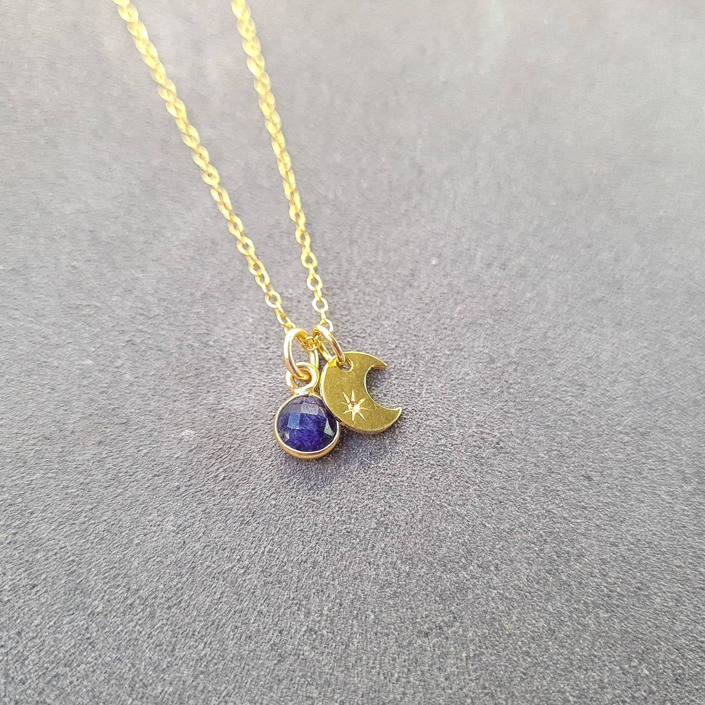 Sapphire pendant gold vermeil silver crescent moon necklace - celestial September birthstone jewellery