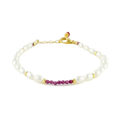 Pearl and ruby gold vermeil silver adjustable bracelet
