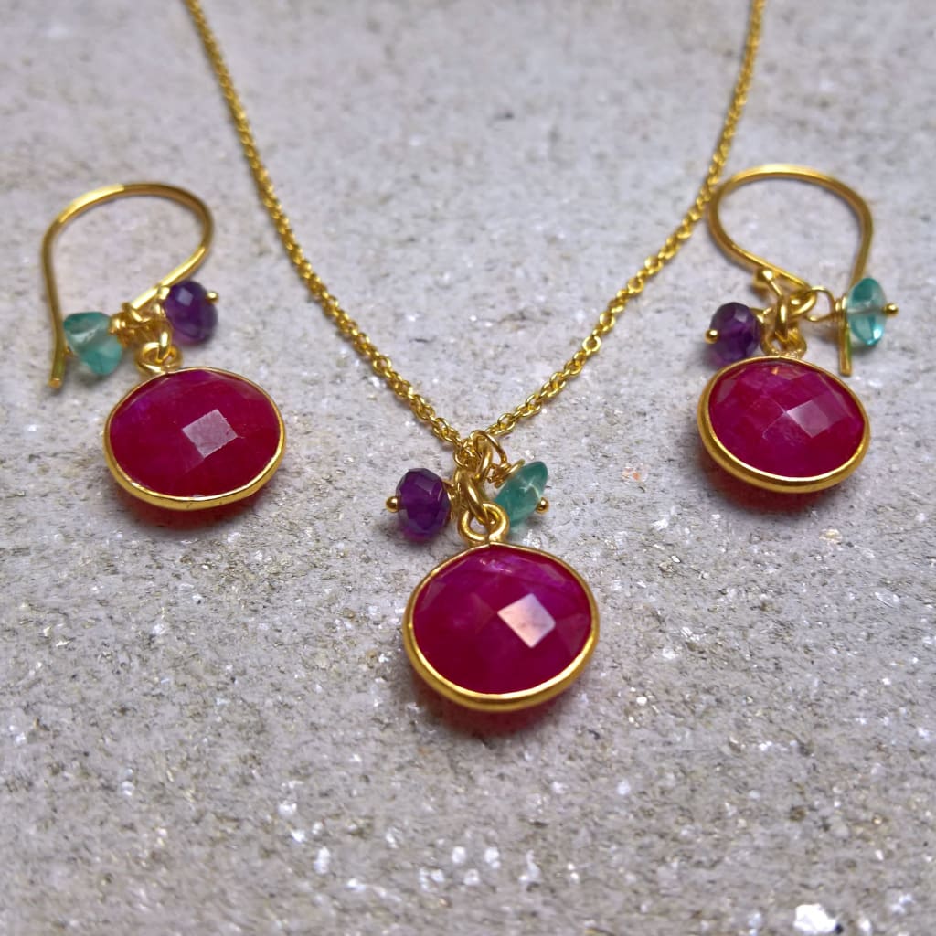 Ruby earrings and necklace circle pendant jewellery set